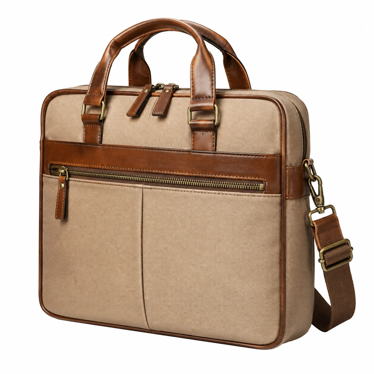 Aktentasche 40 x 8 x 30 cm aus Textil und Kunstleder Beige Braun mit Schultergurt