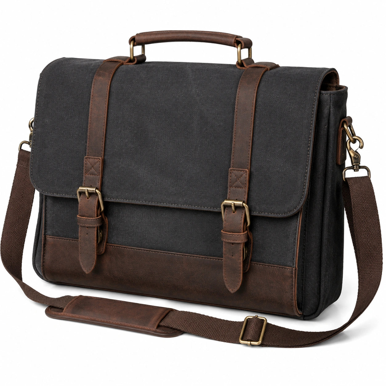 Aktentasche 40 x 12 x 30 cm aus Canvas Schwarz Braun mit Schultergurt im Vintage-Stil