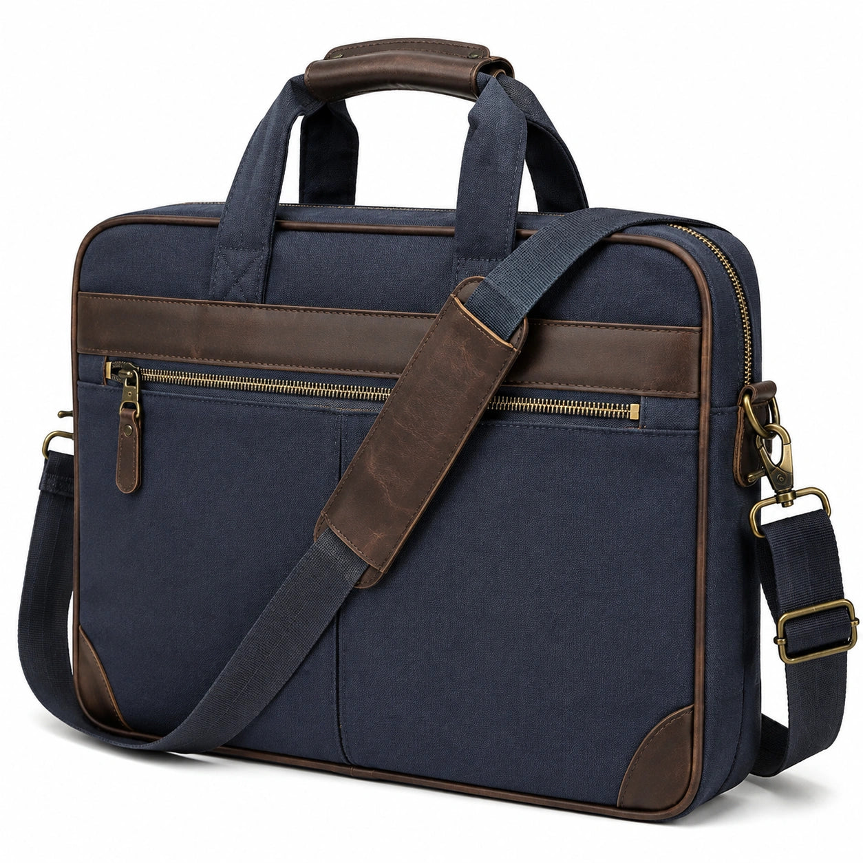 Laptoptasche 42 cm aus Textilgewebe in Dunkelblau Braun mit Schultergurt