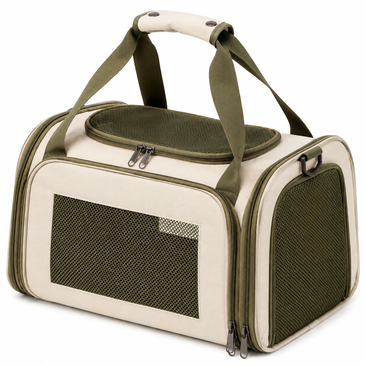 Haustier Transporttasche 45 x 30 x 30 cm Textil Beige Olivgrün mit Netzfenstern und Reißverschluss