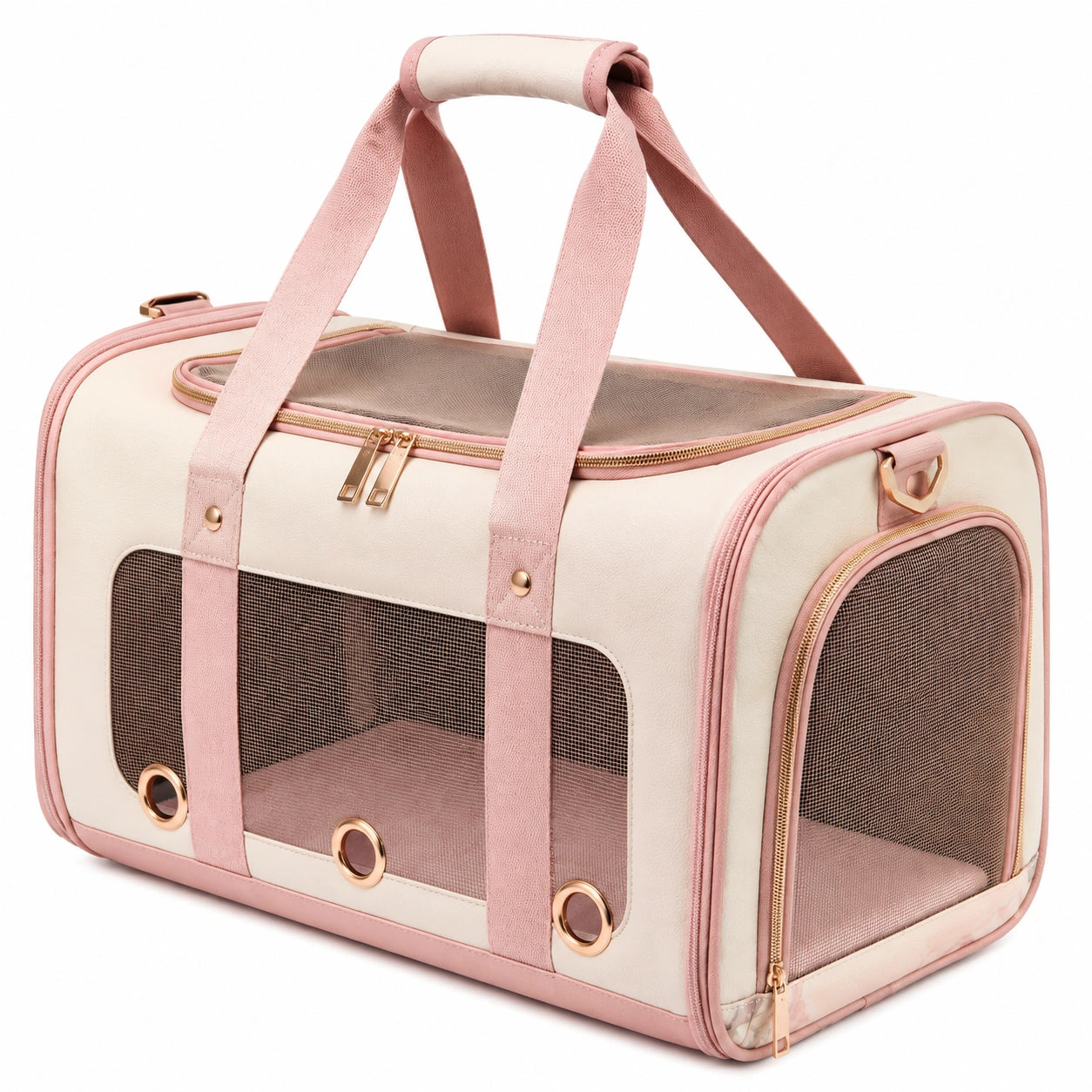 Haustier-Transporttasche 45 x 28 x 28 cm aus Polyester in Creme/Rosa mit Netzfenstern