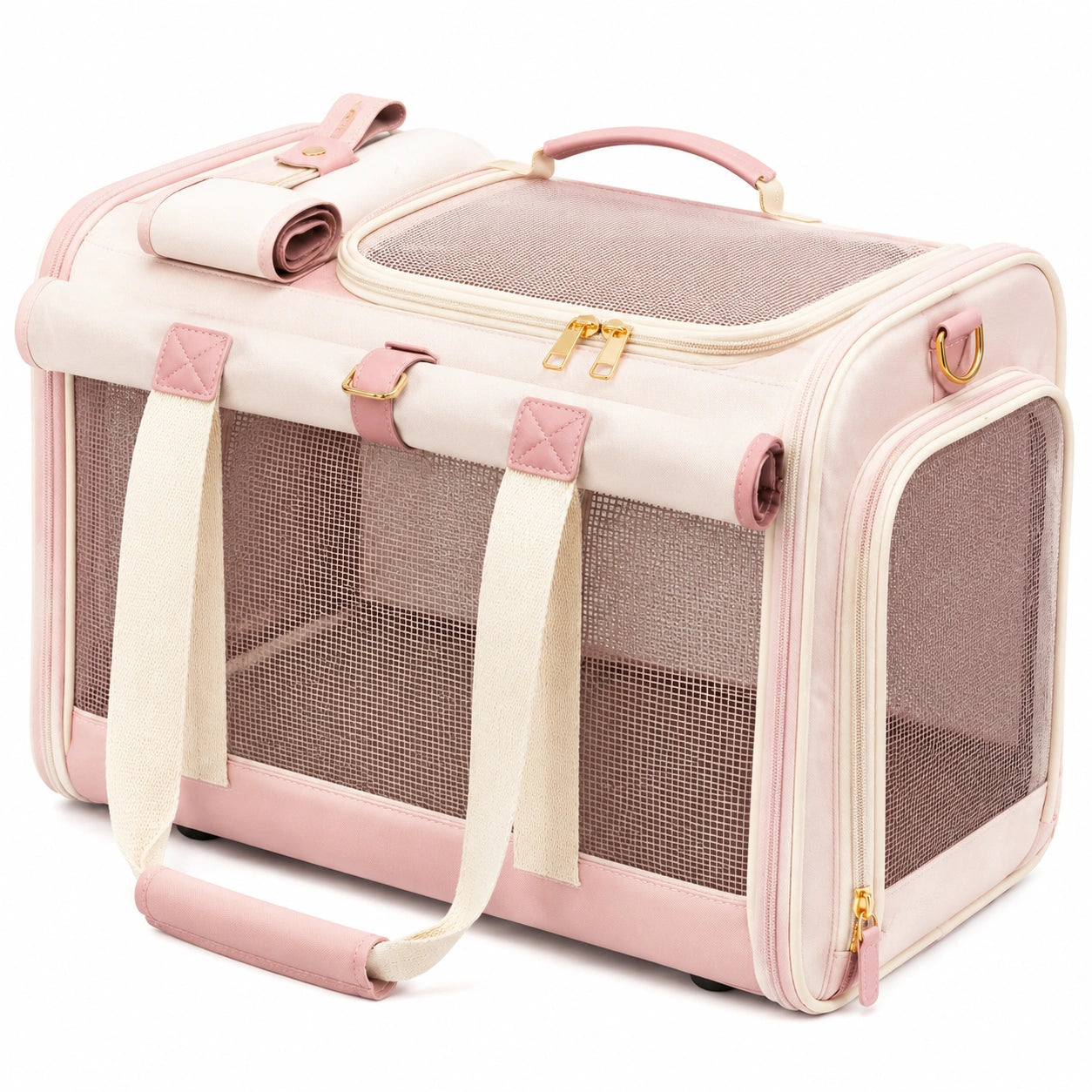 Haustiertransporttasche 43 x 28 x 30 cm aus Textil Rosa mit Netzfenstern und Tragegriffen