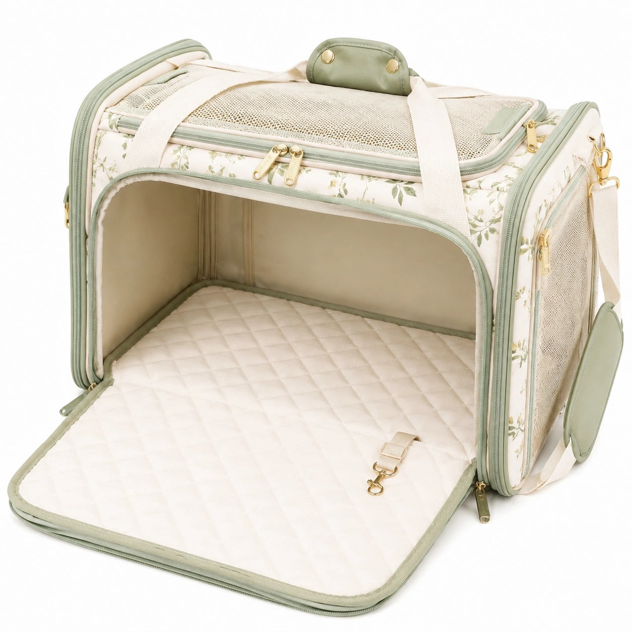 Haustier-Transporttasche 50 x 30 x 35 cm aus Textil in Cremegrün mit Netzfenstern faltbar