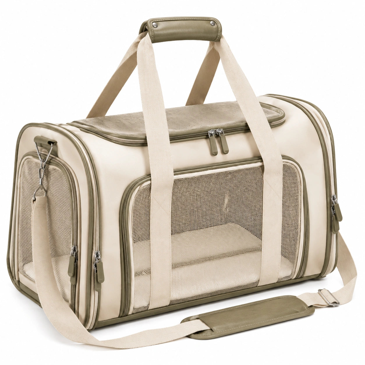 Haustier-Transporttasche 45 x 28 x 30 cm Beige Olivgrün mit Netzfenstern und Schultergurt