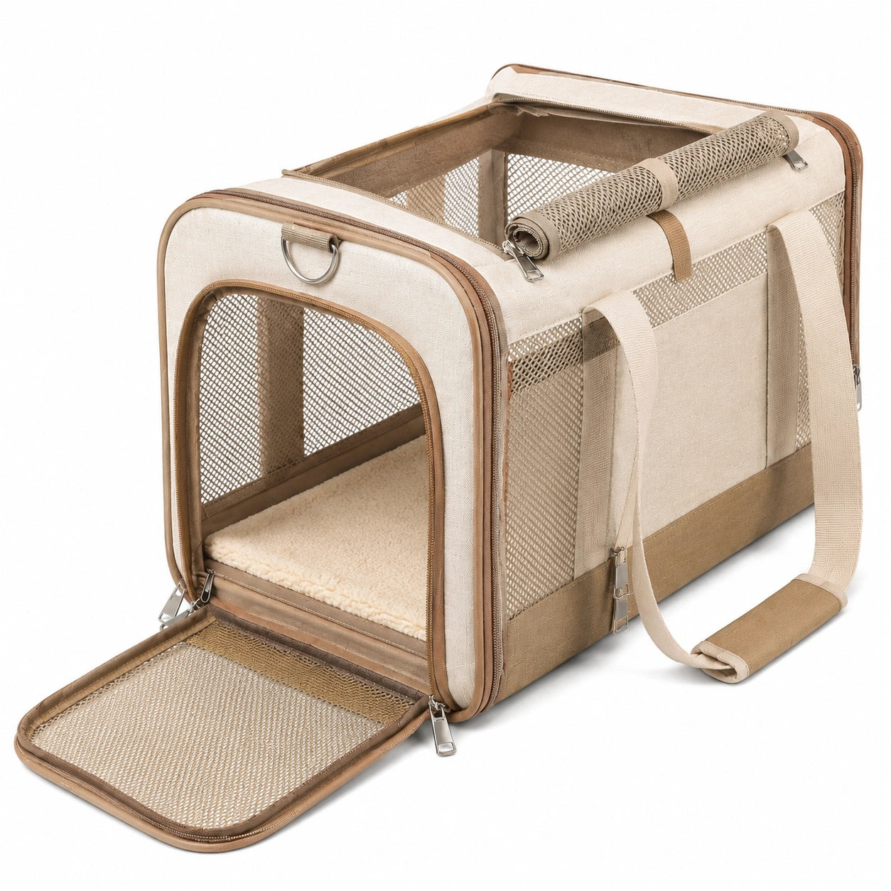 Haustier-Transporttasche 50 cm aus Textil in Beige Braun mit Netzfenstern