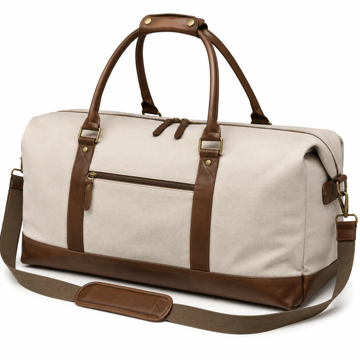 Reisetasche 50 x 25 x 30 cm aus Canvas und Kunstleder Beige Braun mit Schultergurt