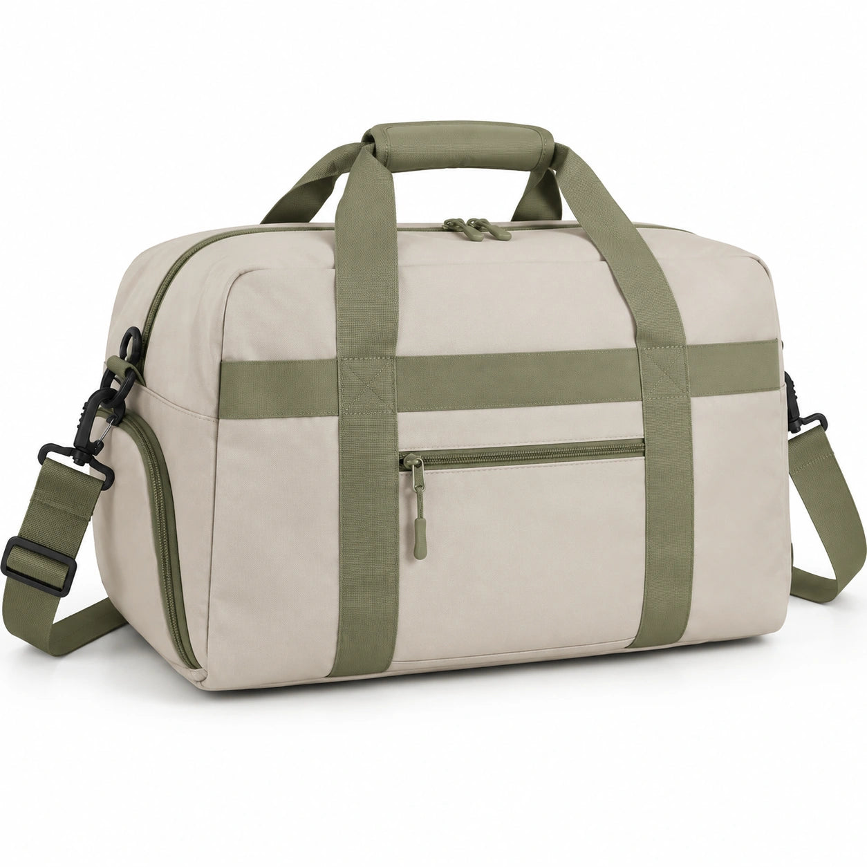 Reisetasche 45 x 25 x 28 cm aus Textilgewebe Beige/Olive mit Schultergurt und Reißverschluss