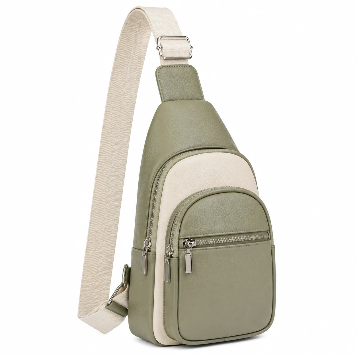 Brusttasche 18 x 8 x 32 cm aus Kunstleder in Olivgrün Beige mit verstellbarem Schultergurt für Alltag