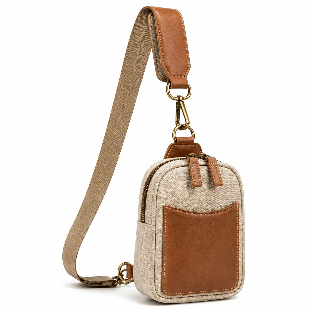 Umhängetasche 18 x 8 x 24 cm aus Textil und Kunstleder in Beige Braun mit Reißverschluss